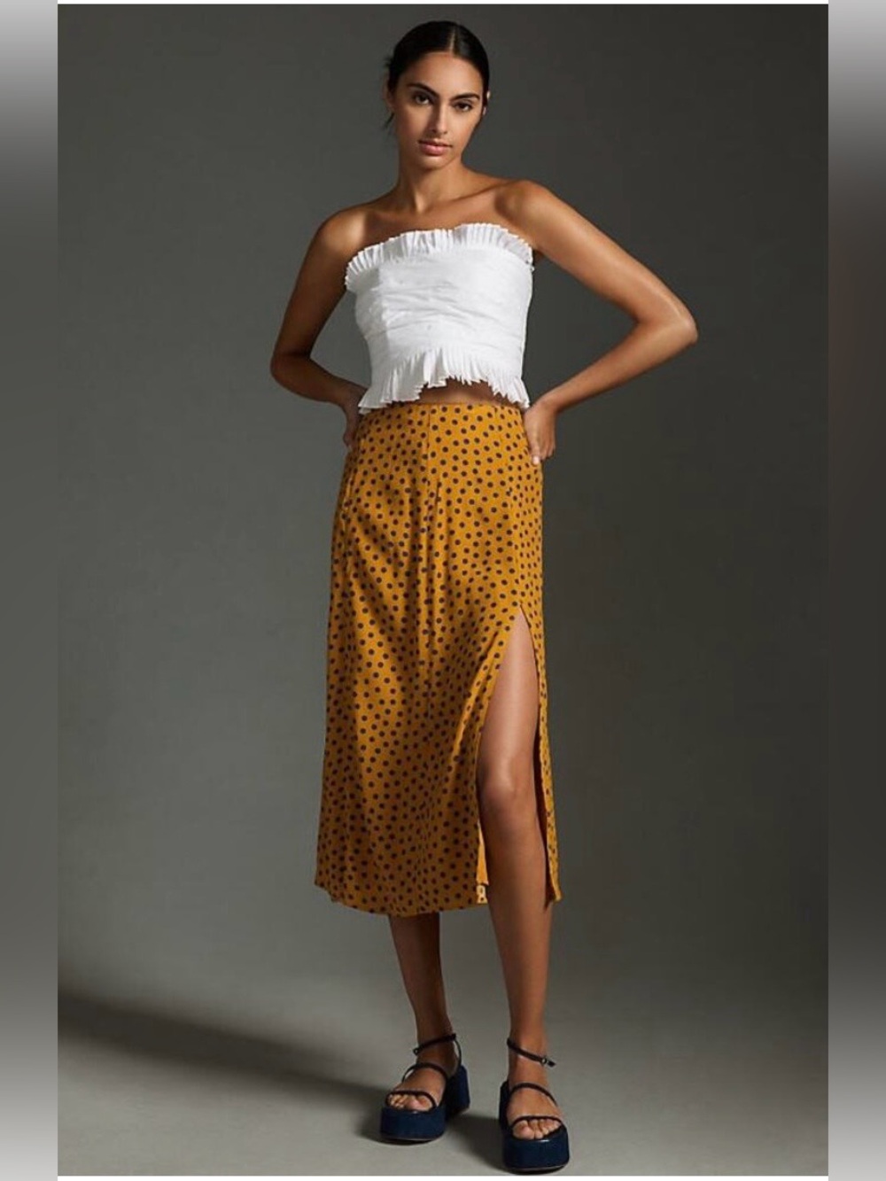 Maeve Anthropologie Lille Side Slit Polka Dot Midi Skirt
